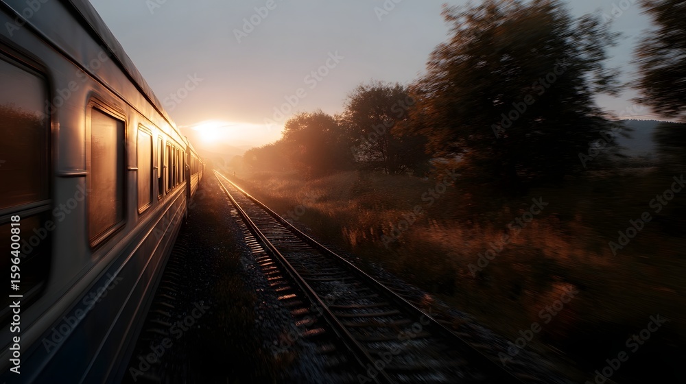 Train traveling through a picturesque rural landscape at sunset Train traveling through a picturesque rural landscape at sunset