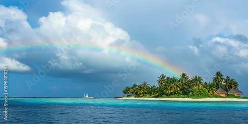 Fototapeta Naklejka Na Ścianę i Meble -  Tropical rainstorm passing over Maldives island with rainbow arc