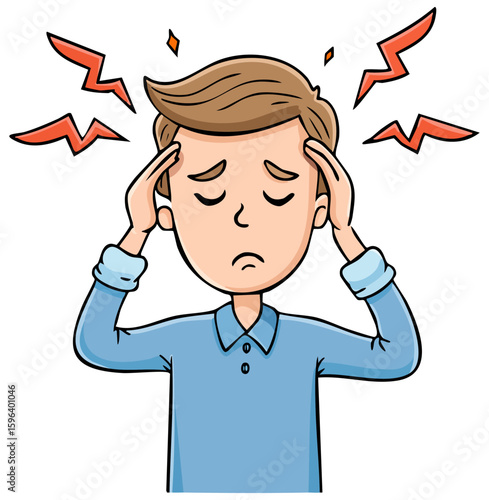 Cartoon man holding his head due to a headache