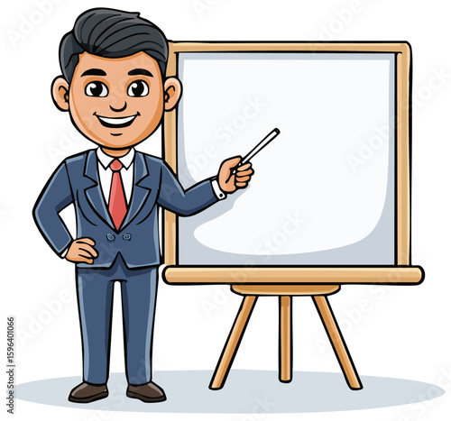 Businessman or teacher pointing to a blank whiteboard with room for text 