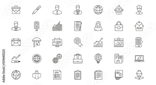 Collection of minimalist line icons depicting business, finance, and global concepts.