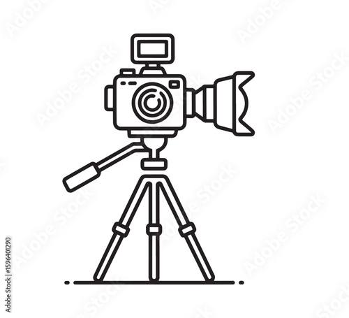 Professional video camera with lens and tripod