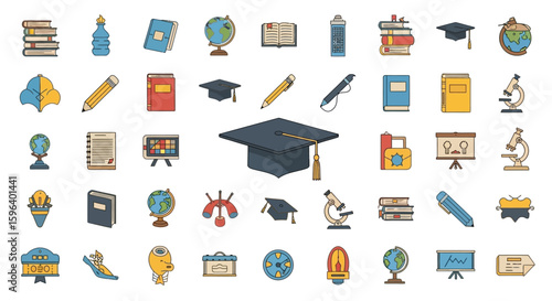 Colorful icons representing education, learning, and knowledge, centered around a graduation cap.