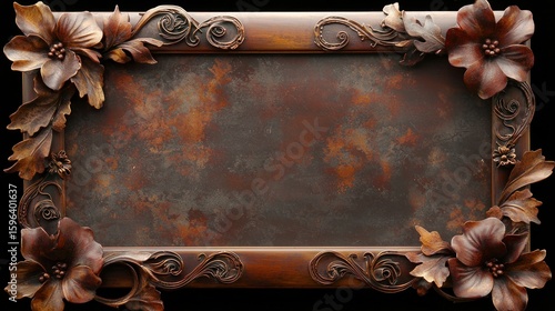 Ornate wooden frame with rusty metal plaque