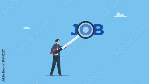 Businessman magnifying glass searching for new job. Job search, employee finding new job, career opportunity, employment or recruitment, applicant or candidate search online website.