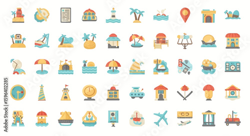 Colorful flat icons depicting travel, vacation, and tourism destinations.