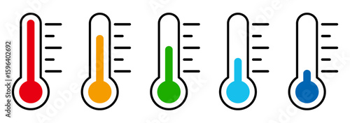 温度計アイコンセット。温度レベルインジケーターシンボル。カラー