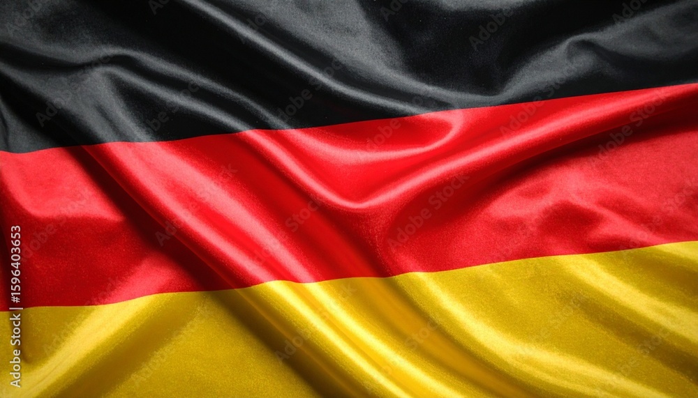 Obraz premium Belgian flag with vertical stripes of black, yellow, and red, fluttering on silky fabric with lustrous folds, set against neutral backdrop.