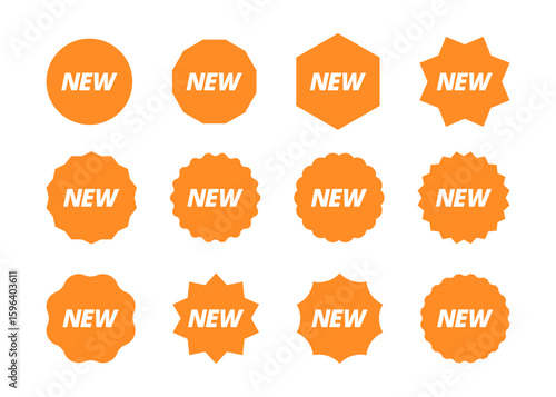 Set of promotional badges featuring the word "NEW" in bold white text, presented in multiple geometric shapes, ideal for showcasing newly launched products