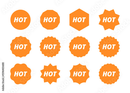 Set of promotional badges with the word "HOT" in bold white font, displayed in multiple geometric shapes, suitable for highlighting trending products or deals