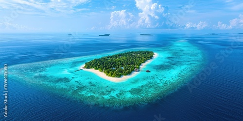 Fototapeta Naklejka Na Ścianę i Meble -  Aerial scene of Maldives island chain stretching across turquoise sea