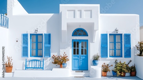 Greek Island Charm: A charming house featuring vibrant blue shutters and doors, nestled against a backdrop of pristine white walls.