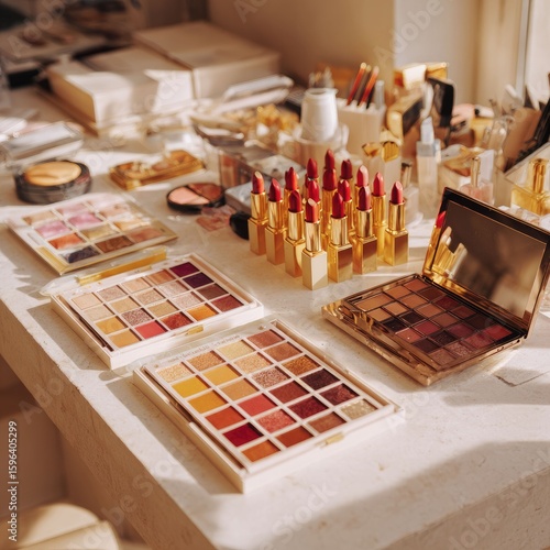 Aesthetic makeup setup with neatly arranged palettes and lipsticks