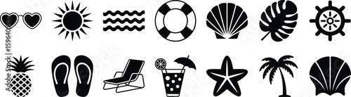 Summer beach vacation vector icon set sunglasses sun waves lifebuoy seashell palm tree starfish pineapple . Editable vector illustration.