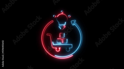 Neon light shopping cart with stacked boxes and glowing idea bulb in circular arrow motion representing commerce