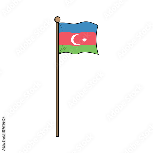 Azerbaijan National Flag on a Pole Against a White Background