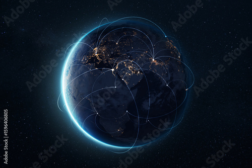 Digital connections around the world — planet Earth at night with glowing network lines representing global communication, data transfer, and worldwide internet connectivity in space.