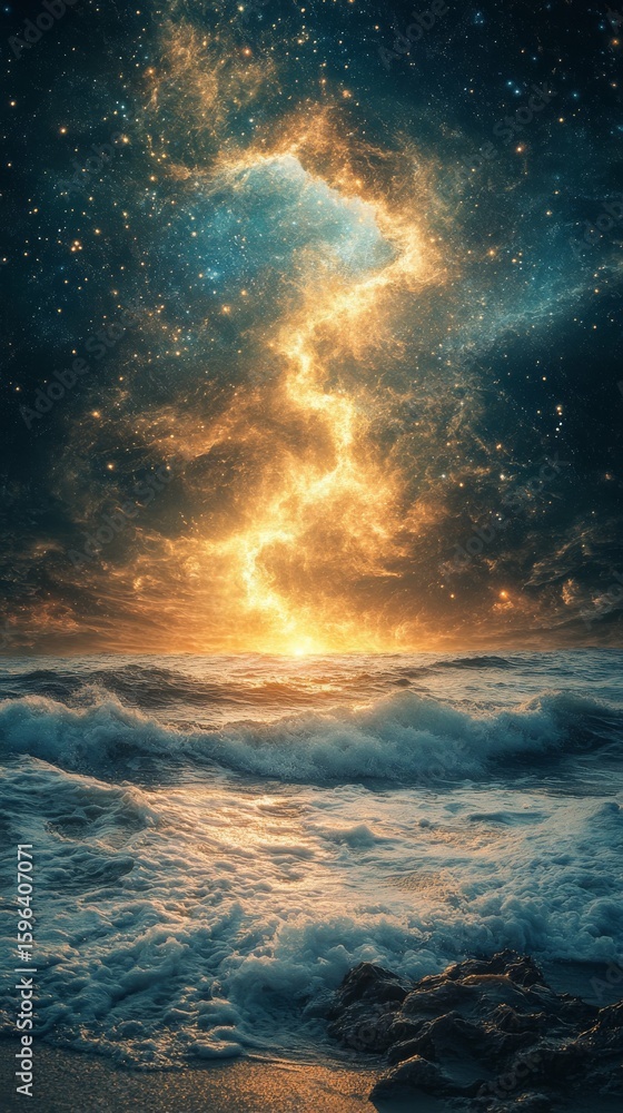 Fototapeta premium Ocean Waves Rolling Under Starry Galaxy Sky