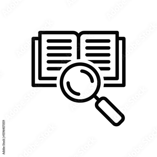 A magnifying glass over an open book symbolizes research and learning, on a transparent background