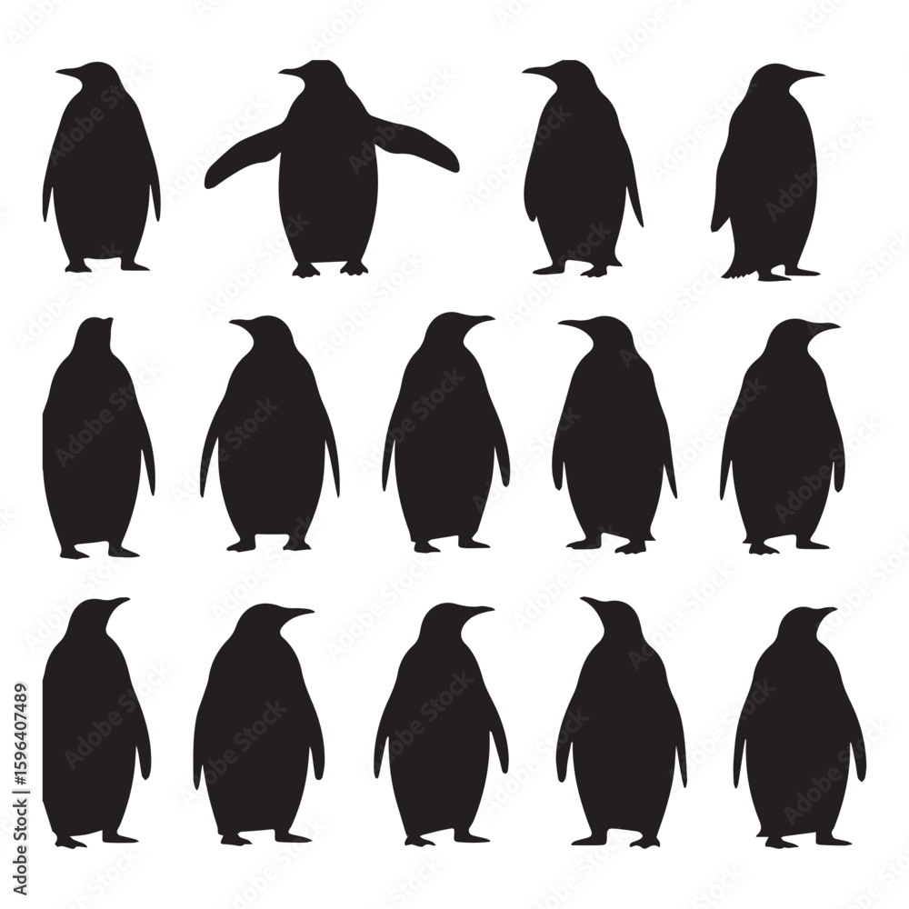 Obraz premium A collection of 16 black silhouettes of penguins Vector Design. 
