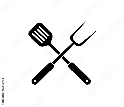 Black silhouette of crossed spatula and barbecue fork