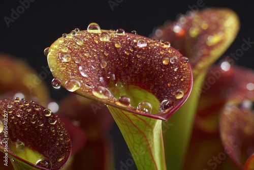 Insect-dissolving enzyme droplets in California pitcher plant digestive fluid, carnivorous adaptation art for botany textbooks or evolutionary biology diagrams.