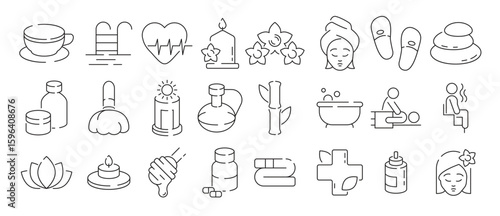 spa thin icons woman beauty therapy treatment ayurveda solarium sauna relax hot stones smell vector