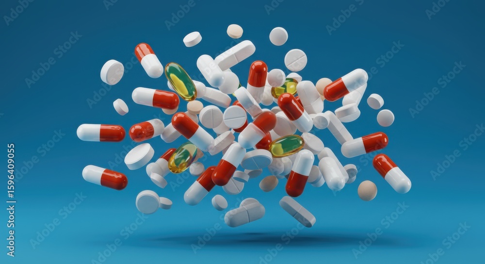 Floating Capsules and Tablets Representing Modern Medicine and Healthcare Floating Capsules and Tablets Representing Modern Medicine and Healthcare