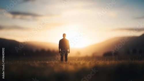 A lone person stands in a field at sunset, framed by distant hills and a glowing sky, evoking solitude and contemplation.