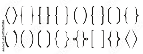 Black bracket set. Vintage speech brackets, line text braces calligraphy symbols. Curly punctuation decorations, decent parenthesis vector kit

