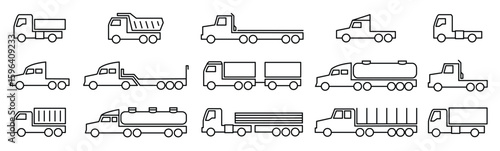 truck line icons delivery trailers cargo trukcs dumpers van transportation outline isolated symbols.