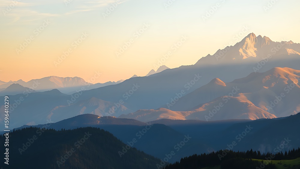 Fototapeta premium A serene mountain landscape bathed in golden hour light, showcasing nature's grandeur.