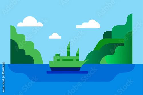 blue water with green cliffs and thai vessel