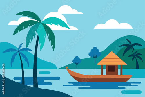 calm tropical lagoon traditional boat nearby
