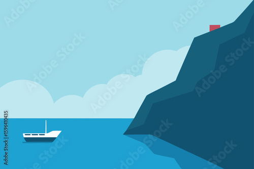 clear sea with boat and steep rocky cliffs