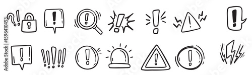 warnings related hand drawn doodle simple icons set vector line drawing warnings related icons