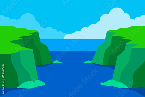 green cliffs hug quiet blue bay