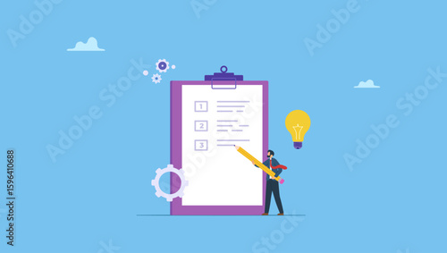 Businessman writing procedure step on clipboard. Writing business steps, procedure or development progress on clipboard, plan or solution checklist, challenge or achievement list, project goal.