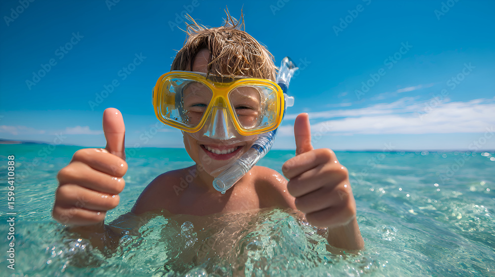Fototapeta premium Happy child enjoying snorkeling in tropical sea showing thumbs up
