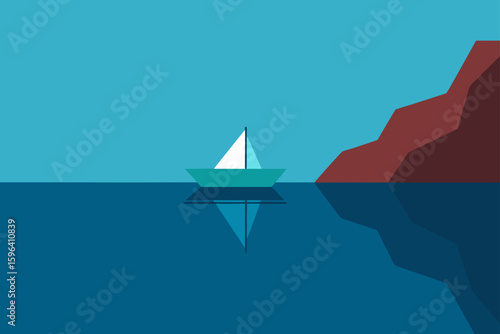 sea reflections with boat and steep cliffs