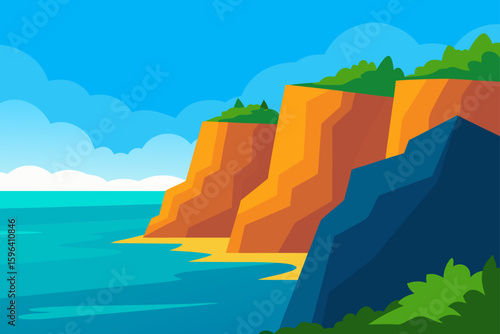 rocky tropical cliffs above bright ocean