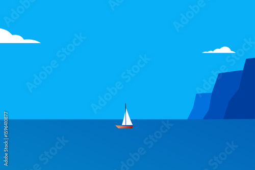 shallow blue sea with cliffs and lone boat