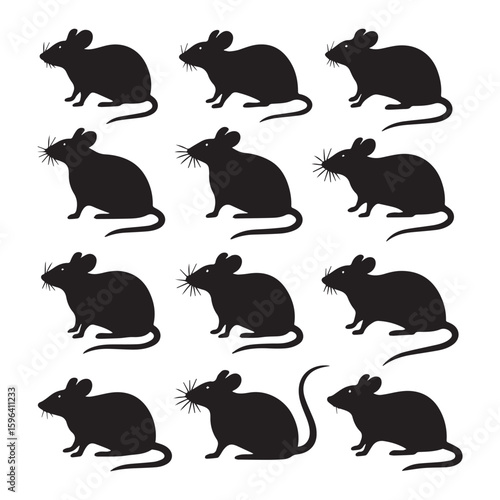 A set of 10 black silhouette illustrations of mice arranged in two rows against a white background.