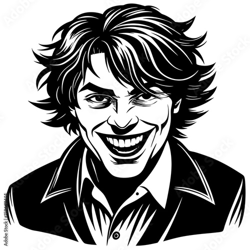 Playful young man smiling with tousled hair in black and white illustration  