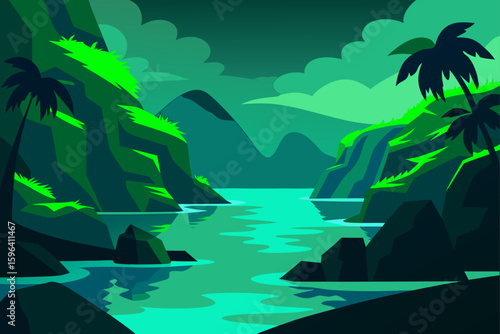 tropical bay with dramatic light and green rocks