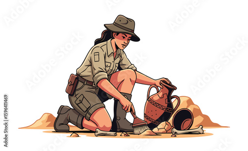 Female archaeologist carefully excavating ancient artifacts, including a broken clay pot and bones, at an archaeological dig site.
