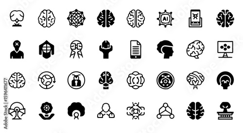 A comprehensive collection of icons representing the human brain, artificial intelligence, and cognitive processes, symbolizing knowledge, learning, and technological advancement