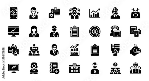 A diverse collection of business and strategy icons, representing concepts like finance, teamwork, and project management
