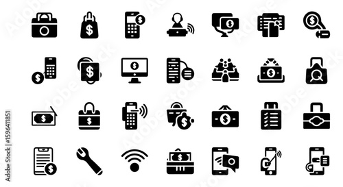 An array of finance and payment icons, showcasing monetary transactions, shopping, and digital financial services for business