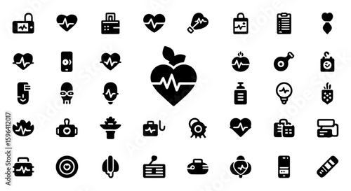 A diverse set of medical and healthcare icons, showcasing symbols such as a heart with a pulse, medical equipment, and diagnostic tools, alluding to health and treatment
